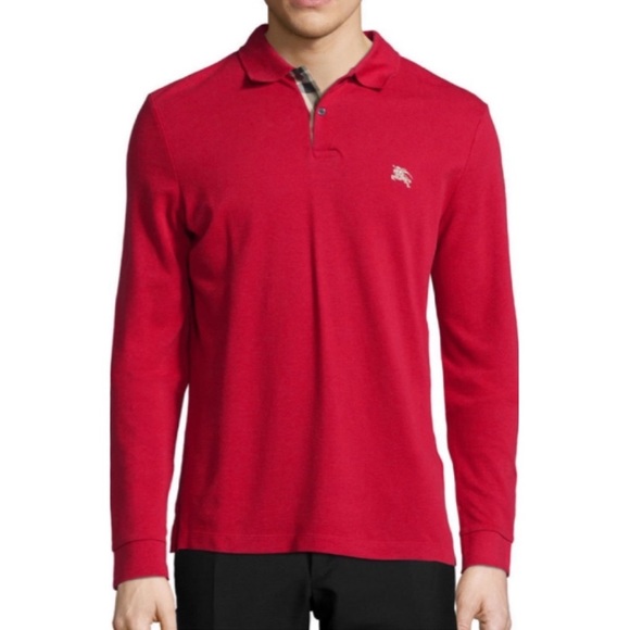 Burberry Nova Check Jersey Long Sleeve Red Polo Shirt